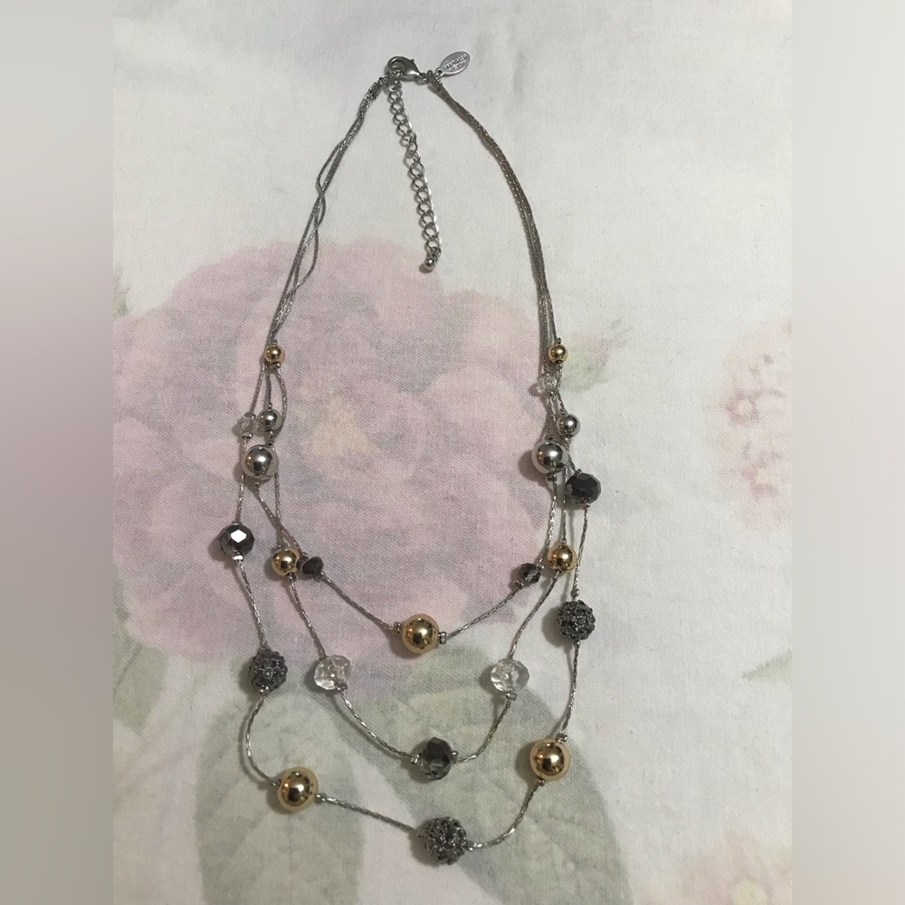Ann Taylor Factory Silver Tone and Rhinestones Multi Strand Necklace 20” inches
